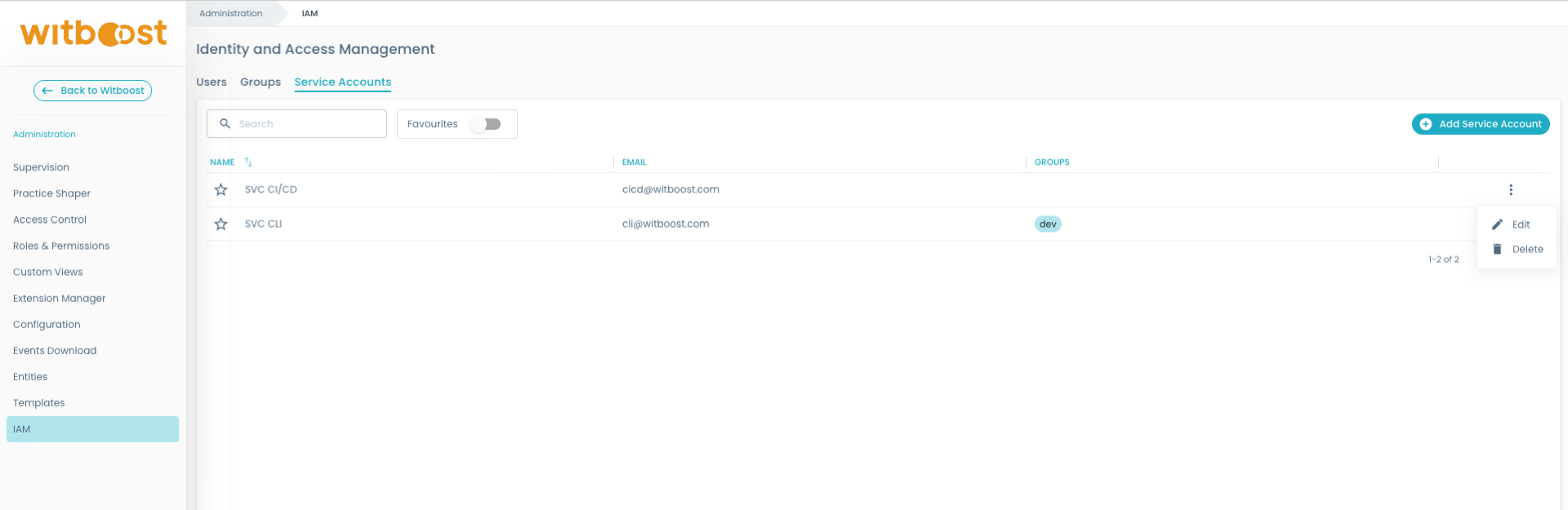 Service Accounts page